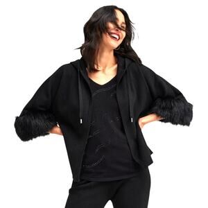 Chico's Black Faux Fur Cuff Hooded Cardigan Sweater Cape Size 3 XL Elegant